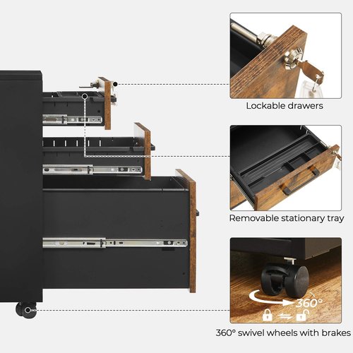 SONGMICS File Cabinet, Pre-Assembled Except Wheels and Handles, Office Filing Cabinet with Lock, for A4, Legal, Letter Sized Documents, 17.7 x 14.4 x 23.6 Inches, Rustic Brown and Black UOFC110B01V1