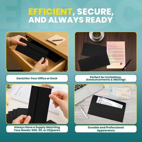 Black Envelopes by #10 | Self-Seal Business Envelopes for Cards & Invitations - 50 Pack, 32lb Heavyweight Paper, 4 1/8 x 9 1/2 Inch