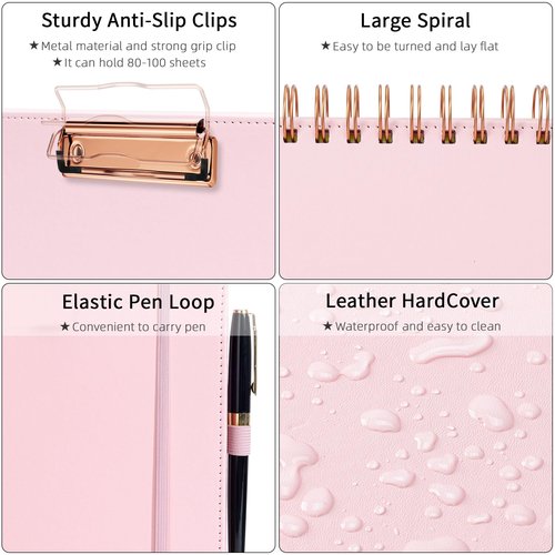 Ospelelf Leather Clipboard Folio with Notepad for Letter Size, Spiral Clipboard Folder with Storage Zipper Pouch, 5 Folders with 10 Pockets, 39 Divider Label Stickers, Pen Loop Series (Pink)
