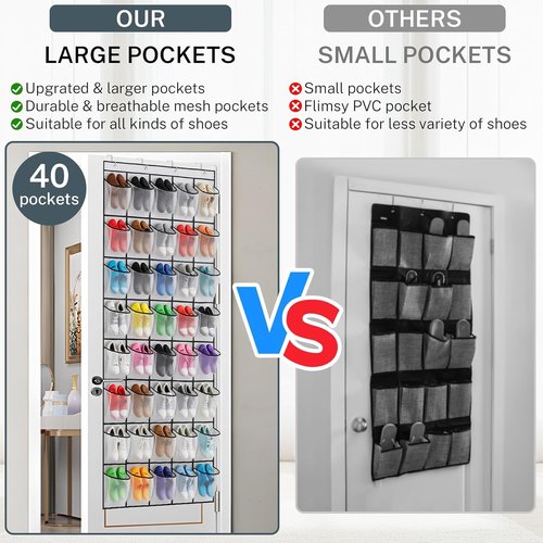 Hualleko Large Mesh Pocket Over-The-Door Shoe Organizer - Sturdy Storage for 20 Pairs (White)