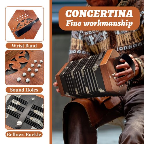 Concertinas,20-key accordion for adults, professional accordion for beginners, adjustable hand straps, instrument accessories (WOOD)