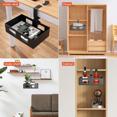 Gaxomo 2 Pack Clamp-on Swivel Organizer, Under Desk Hidden Storage Drawer with Cable Hole, Hanging Metal Basket for Extender Space