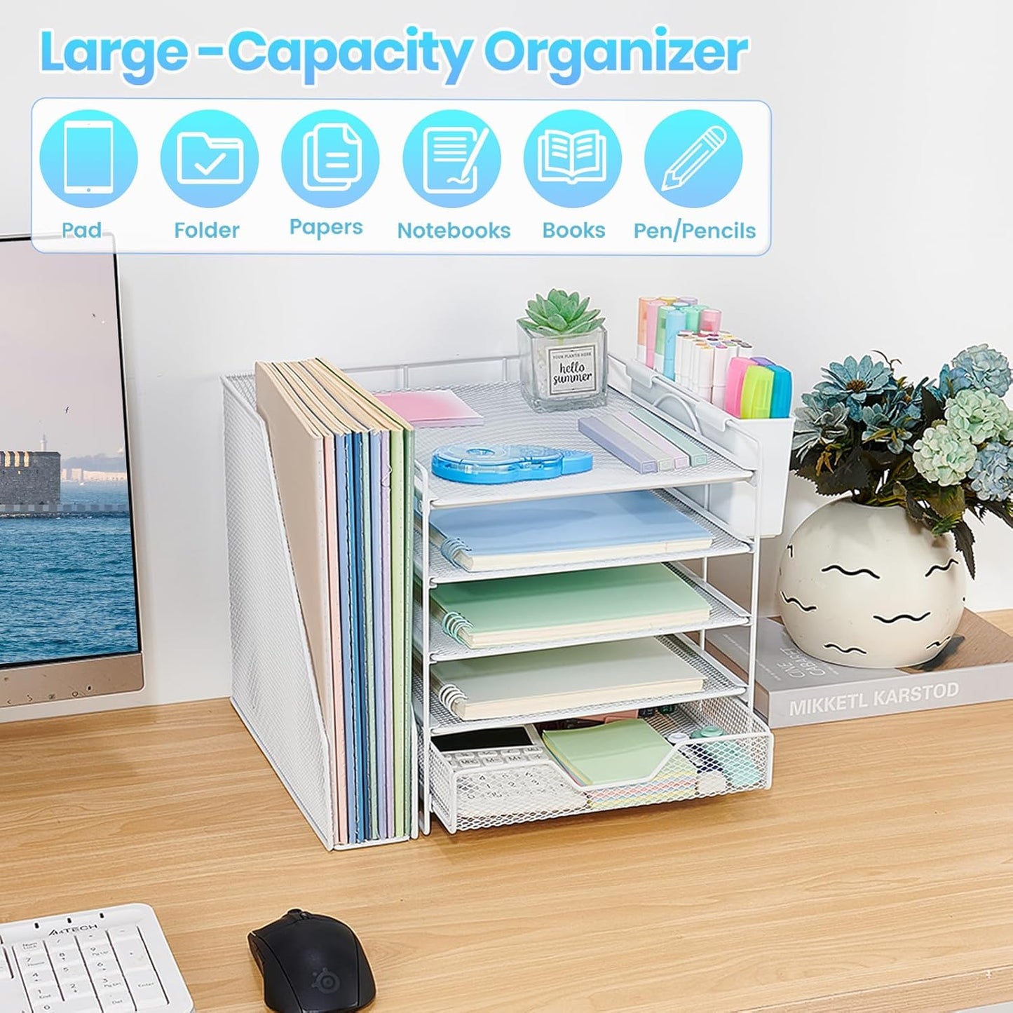Skiennix Desk Organizer - 5-Tier Paper Letter Tray with File Holder & Drawer - White