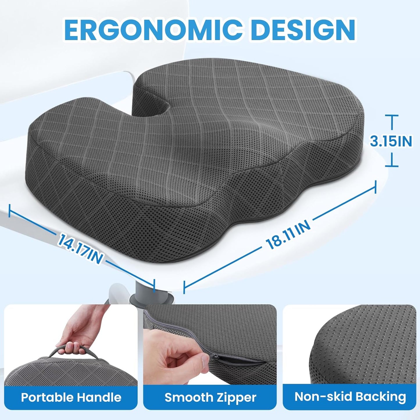 TushGuard Grey & Light Blue Seat Cushion - Ultimate Comfort for Long Hours of Sitting
