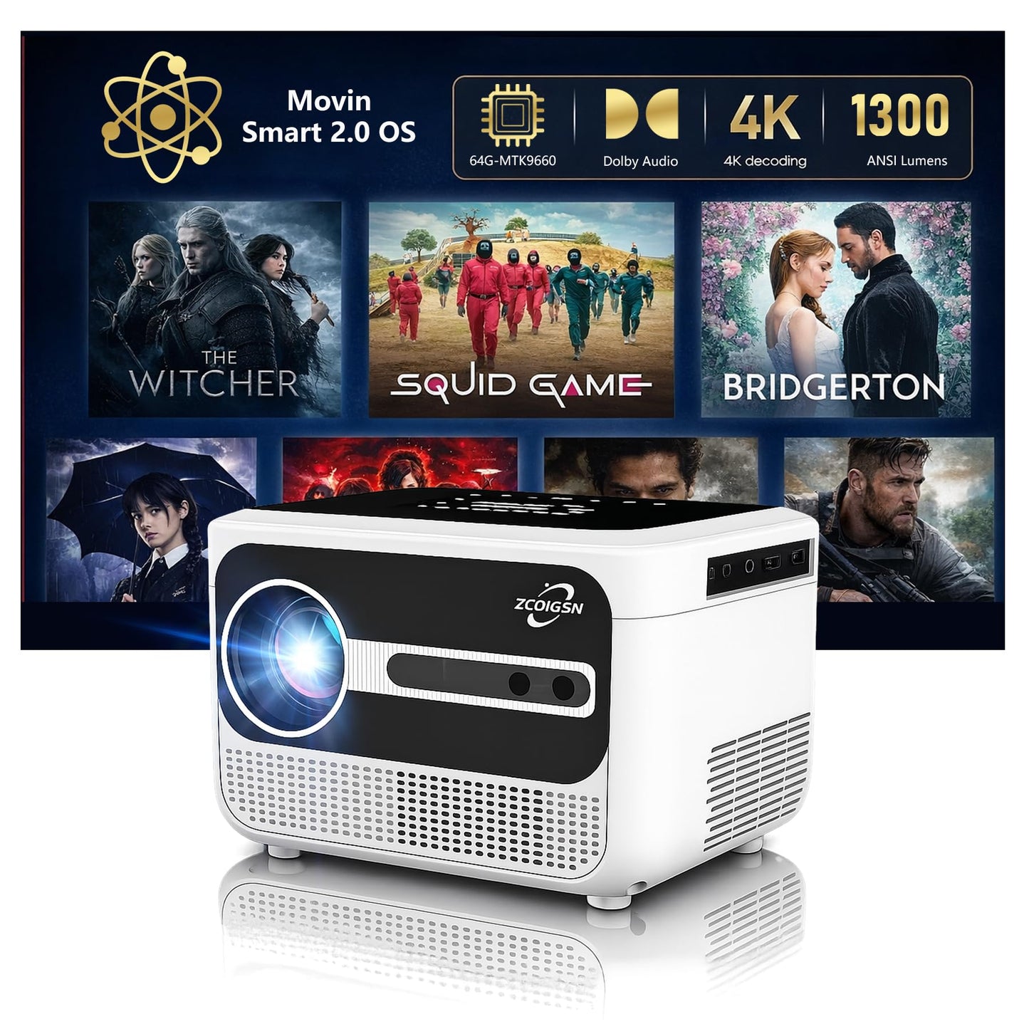 Smart Projector 4K with Movin OS - Official Apps, Hight Bright 1300 ANSI HDR10+, ToF Auto Focus Keystone MEMC, 30W DB Audio, WiFi Bluetooth, 64G Premium Portable Projector for Home Theater, Gaming