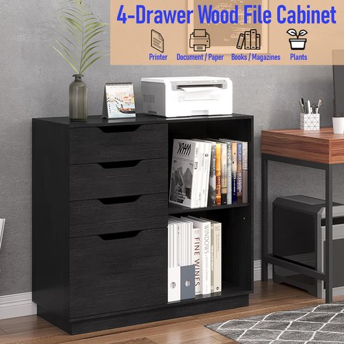 Senhoglb Lateral File Cabinet with 4 Storage Drawers, Large Office Printer Stand for Letter A4 Size File Folders, Adjustable Shelf, Black