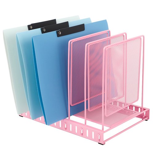 EASEPRES 5 Section Vertical Metal Mesh Desk File Organizer, Spacing Adjustable Upright Desktop Paper Mail Document Magazine Sorter Folder Holder for Workspace Office School Home, Pink