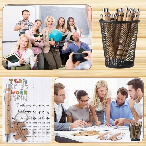 Kosiz 40 Sets Employee Appreciation Gift Bulk 10 styles Inspirational Bamboo Ballpoint Pen with Wooden Puzzle Keychains Thank You Cards team building gifts for Team Coworker Teacher Nurse