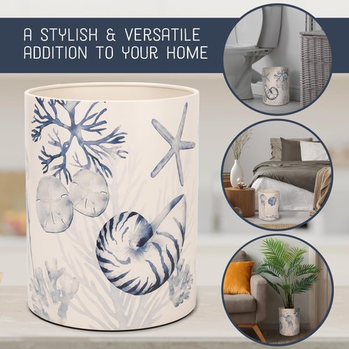 NAT AND JULES Round 9.5 x 8 Iron Metal Bathroom Trash Can Wastebasket Home Office Bedroom Fits 2.25 Gallon Trash Bag Liner, Beach