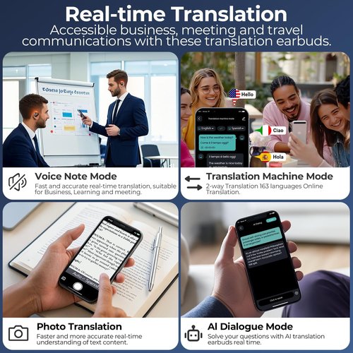 AI Translation Earbuds Real Time 80H Playtime 164 Languages Translator Ear Buds with Glowing Earhook Bluetooth Translating Headphones audifonos traductores inglés español for Travel Business Meeting