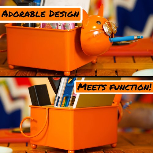 Made Easy Kit Desk Organizer, 1-5 Module Compartments - Storage for Stationery Supplies, Accessories, brushes - Home, Office, School, Dorm, Studio - Build in Pen & Pencil Holder (Orange Cat)