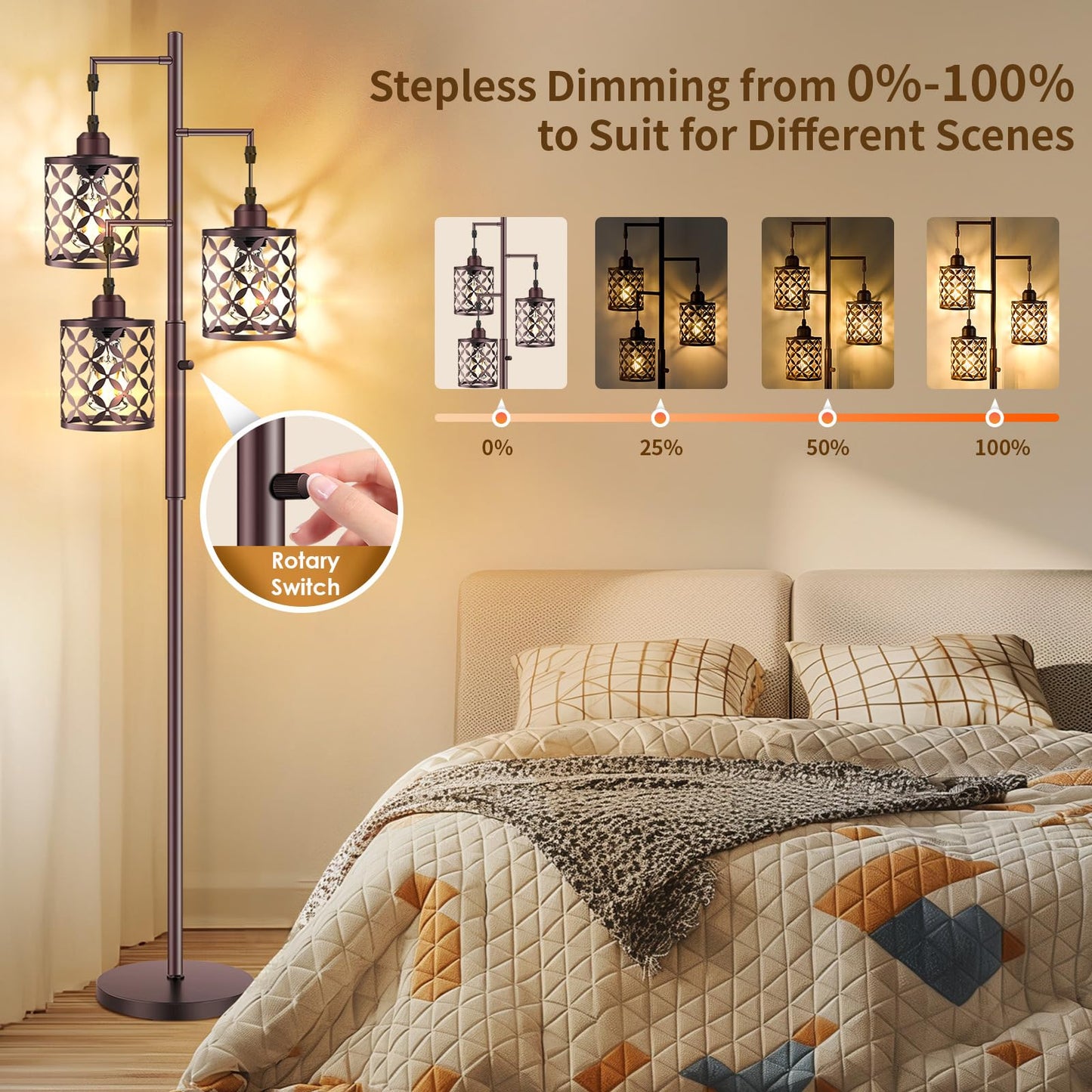 GHOOCEMLUX Dimmable Floor Lamp, Farmhouse Standing Lamp with Elegant Metal Cage, Industrial Tall Tree Floor Lamps for Living Room Bedroom Study Room Office, 3 x 800LM LED Bulbs Included - 68", Brown