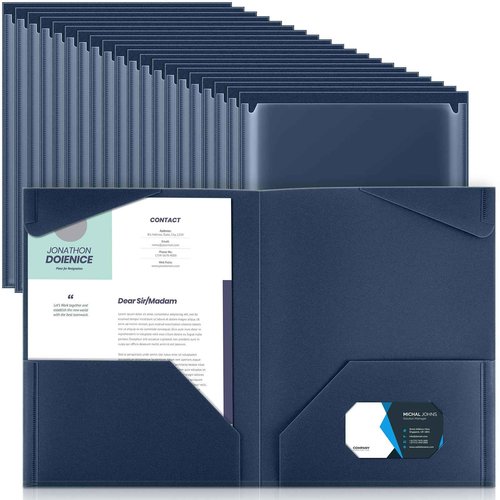 Henoyso 60 Pcs Plastic Folders with Clear Front Pockets Heavy Duty File Folders with 2 Pockets and Card Slot for Student Communication School Office (Navy Blue)