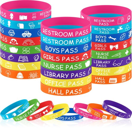 Misdary 24 Pcs Hall Pass Rubber Bracelets School Passes Silicone Bracelet Set Supplies Teacher Supplies for Classroom Elementary Middle School Nurse Restroom Library Office