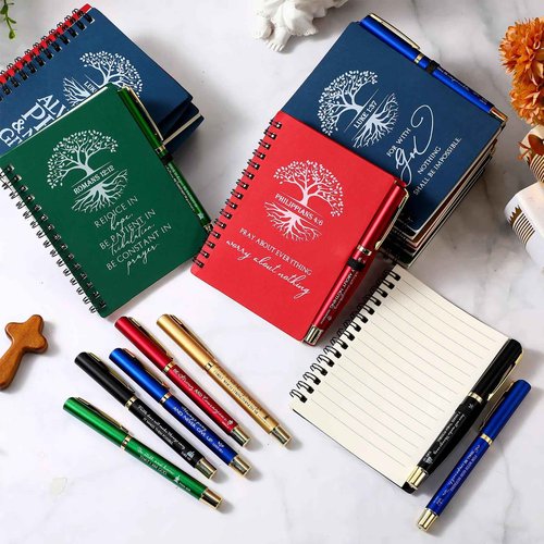 Sinload 60 Pcs/ 30 Set Christian Christmas Gifts Bulk Spiral Notebooks with Bible Pen Prayer Journal Bible Verse A6 Tree of Life Scripture Notepad for Religious Church Holiday (60, English Classic)