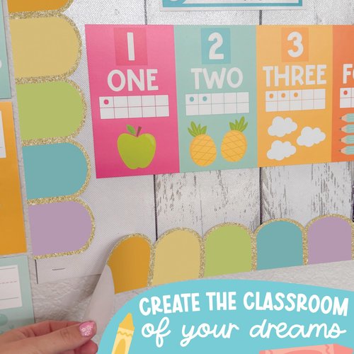 50ft Bulletin Board Borders Trim - Classroom Borders for Bulletin Board Decorations, Teacher Supplies for Classroom Decor Preschool, Kindergarten & Elementary, Pastel Scalloped Boarders