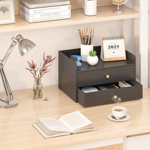 Xadgve Bamboo Desk Organizer - Stackable, No Assembly Required, Ideal for Office/Home Use - Perfect for Toiletries, Stationery, Accessories. (Black, Two level drawer box with sides)