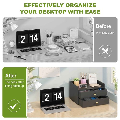 Xadgve Bamboo Desk Organizer - Stackable, No Assembly Required, Ideal for Office/Home Use - Perfect for Toiletries, Stationery, Accessories. (Black, Two level drawer box with sides)