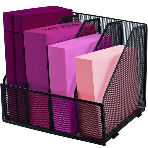 ideallife Desk Organizers, Metal Magazine File Holder with 4 Vertical Compartments Rack Binder File Organizer for Office Supplies, Home Workspace - Black