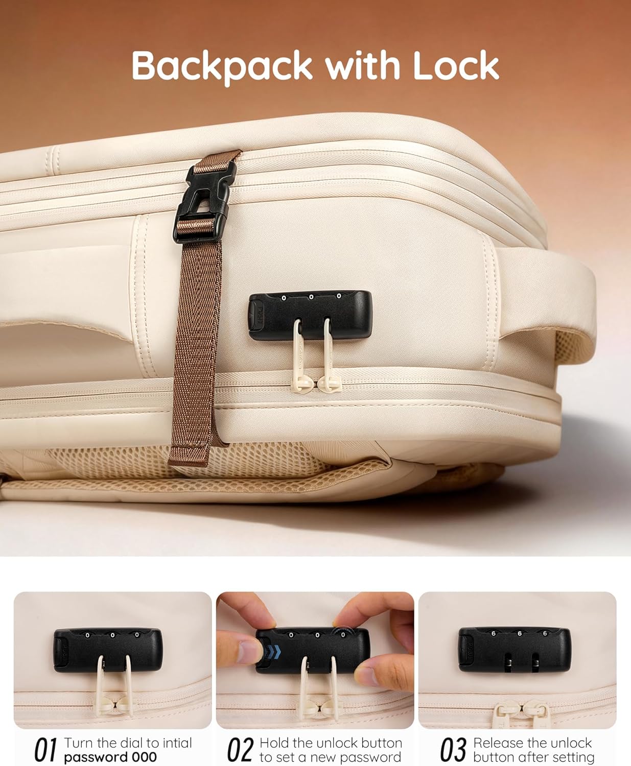 Taygeer 35L Travel Backpack - TSA Approved Carry-On with Lock | Expandable for 15.6" Laptop - Beige & Brown