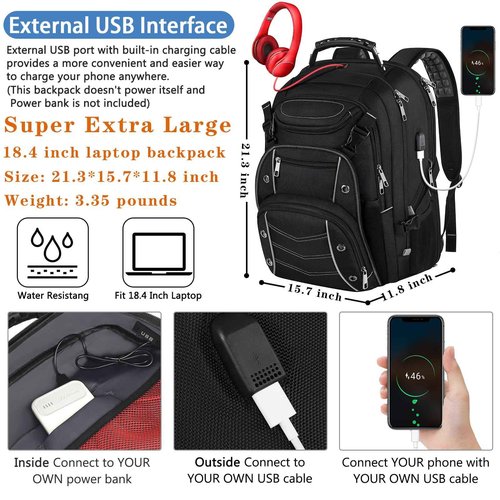 VECKUSON 18.4 Laptop Backpack for unisex, 60L Extra Large Gaming Laptops Back Bag with USB Charger Port,TSA Friendly Flight Approved and RFID Anti-Theft Pocket Heavy-duty Pack,21.3*15.7*11.8inch Grey