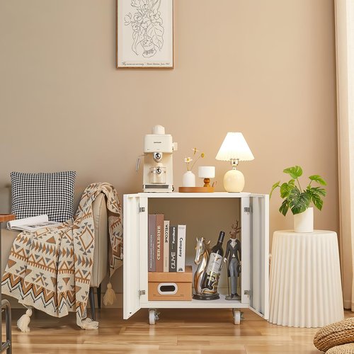 FURSTEL Home Office Printer Stand with Storage - Mobile on Wheels Printer Cabinet, File Cabinet with Door & Adjustable Shelf, White, Compatible with Printer, Scanner, Fax, Computer