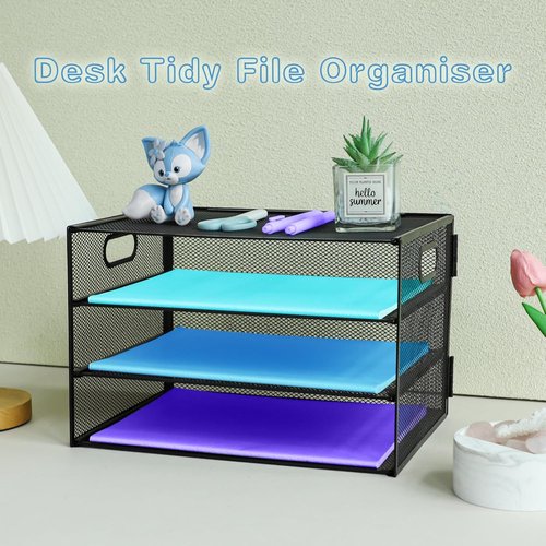 Skiennix 3-Tier Desk Organizer - Pull-Out Mesh File Tray for A4 Paper Storage | Black