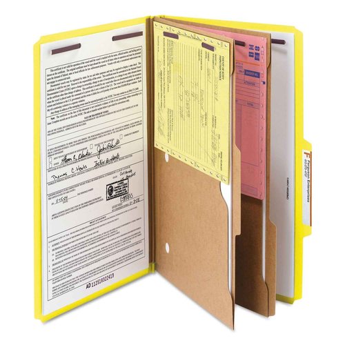 Smead Pressboard Classification File Folder with SafeSHIELD Fasteners, 2 Pocket Dividers, 2" Expansion, Legal Size, Yellow, 10 per Box (19084)