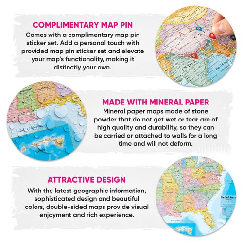 NOWMAP AquaShield Double-Sided United States, USA Map Waterproof Poster 24x36 - Folded with (Pin Stickers)