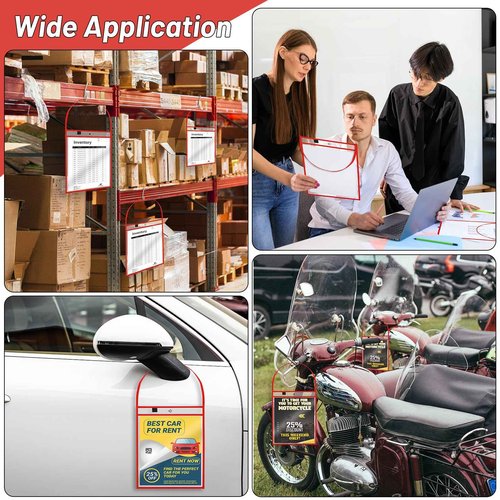 80 Pack Red Job Ticket Holder with Hanging Strap Shop Bulk Oversized Ticket Holders Work Order Plastic Sleeves 10 x 14 Dry Erase Pockets Reusable Repair Order Sleeves, Both Sides Clear