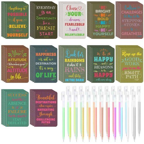 60 Pcs Mini Inspirational Notebooks Bulk with 60 Pcs Colorful Pens, Small Pocket Journal Notepads Set, Motivational Bulk Gifts for Women Men Teacher Student Kids, Fun School Office Supplies,3.5"x5.5"