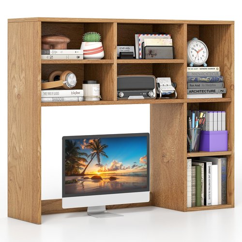 Giantex Desktop Bookshelf, Desk Hutch Dorm w/ 7 Cubes & 3 Adjustable Shelves, Desk Shelf for Up to 27" Computer Monitors, Wooden Desktop Storage Organizer for Dorm College Office Homem, Natural