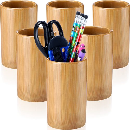 Zhehao 6 Pcs Bamboo Pen Holder Solid Wood Desk Pen Pencil Holder Stand Wooden Pencil Organizer for Desk Multi Purpose Use Cylindrical Cup Organizer for Home School Office Supplies