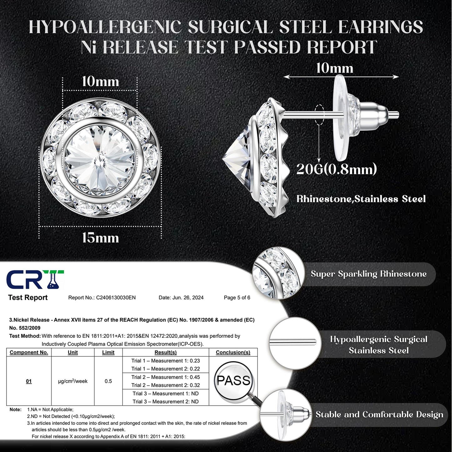SAILIMUE 15Pairs Rhinestone Earrings For Women Dance Competition Performance Ballet Stud Earrings Stainless Steel Round Acrylic Stone Inside Rhinestone Crystal Halo Dance Competition Earrings Set15mm