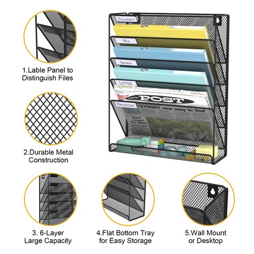 Hanging Folder Organizer Mesh 6 Tier, Wall File Organizer Hanging Paper Organizer, Wall Mount Mail Storage, Office Organization and Storage Rack for Home Office, Black