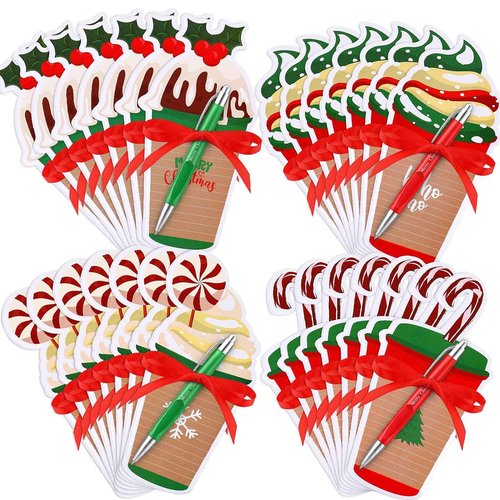 Zhanmai 96 Pcs Christmas Sticky Notes with Ballpoint Pens and Ribbons Christmas Themed Gifts Cute Coffee Cup Die Cut Memo Note Pad Red Green Ballpoint Pen for School Office Home Present
