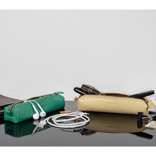 DiLoro Leather Zippered Fountain Ballpoint Rollerball Pens and Pencils Case Holder Pouch Genuine Full Grain Soft Nappa Leather (Light Green)