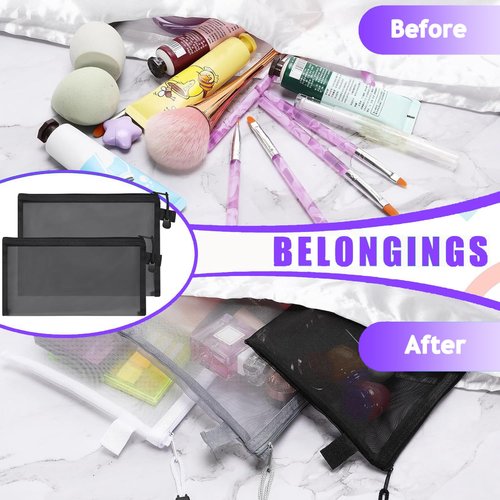 CACASO 15-Piece Nylon Mesh Zipper Pouch Set - Black Makeup Bags, Cosmetic Pouches, Travel Bags (9.5 x 7.5 Inch)