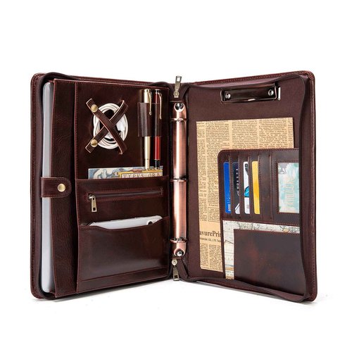 YIWEN Handmade Genuine Leather Portfolio, Zippered Padfolio with 3 Ring Binder, Professional Business Organizer, Resume Folder, Notebook Organizer with Tablet (Non-Custom, Oil Wax)