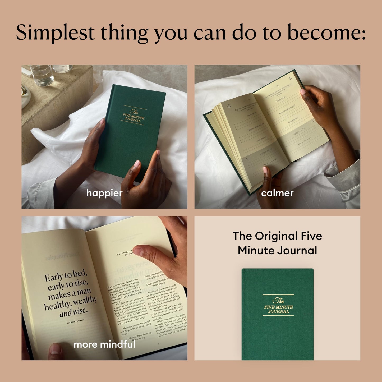Intelligent Change The Five Minute Journal, Original Daily Gratitude 2025, Reflection Manifestation for Mindfulness, Undated Daily with Gold Foiling, Plastic-Free, Green