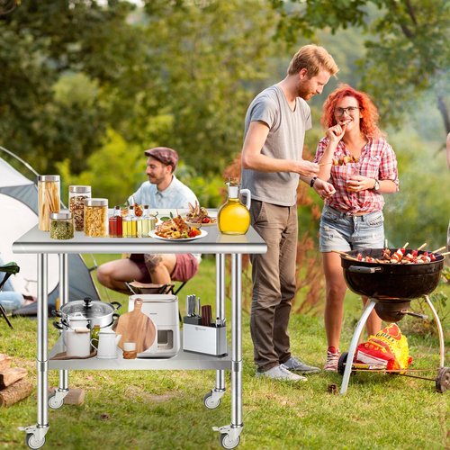 ERfairdeal 36 x 24 Inch Stainless Steel Table w/Backsplash, Commercial Work Table Prep Workstation with Galvanized Legs, Adjustable Undershelf and Wheels for Home Kitchen Restaurant Outdoor