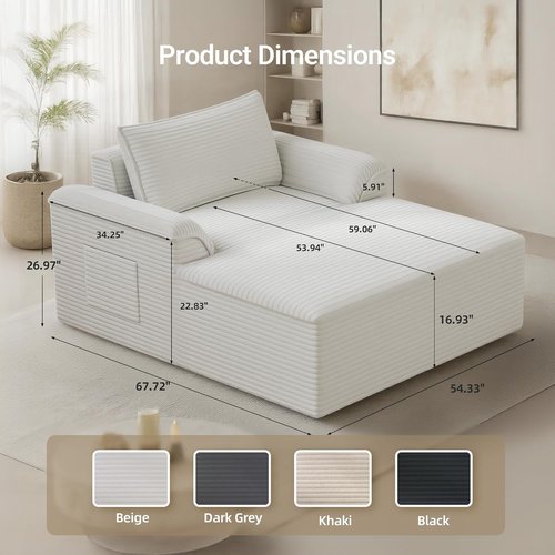 Claiks 68" Oversized Chaise Lounge Chair - Corduroy Upholstered Sleeper Sofa Bed with Pillows, Beige