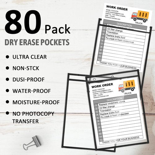 Yunsailing 80 Pack Dry Erase Pockets Job Ticket Holders Black Clear Reusable Dry Erase Shop Order Holder Plastic Ticket Pocket Protector Sleeves for Work Office Organization(10'' X 14'',Vertical)