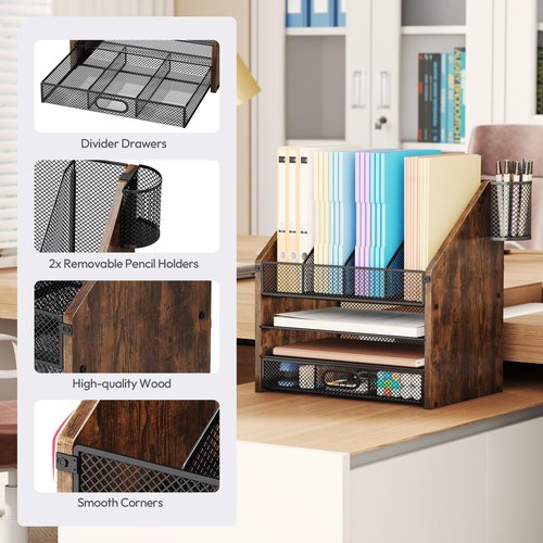SWTYMIKI Desk Organizer with Drawers - Mesh and Wood Desk File Organizer with Pen Holders, 4-Tier Paper Organizer for Office Organizer and Accessorie, School and Home Storage, Espresso