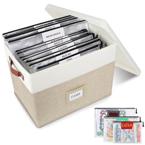 Board Game Storage, Board Game Organizer with 12pcs Zipper Bags and Writable Stickers, Board Game Organizers Storage with Lid for Office Supplies,Puzzles,Video Game,Craft Product (Beige, 1-Pack Large)