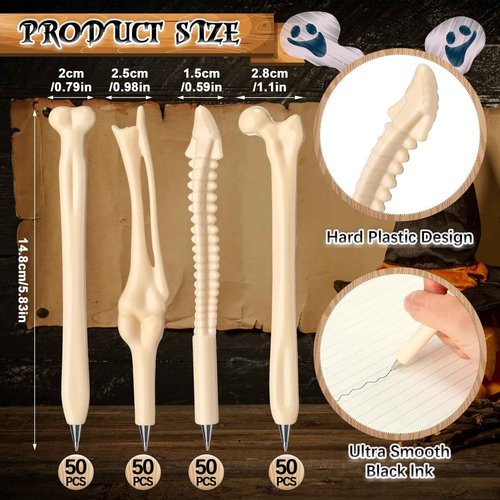 Yeaqee 200 Pieces Black Ink Bone Shape Ballpoint Pens Funny Novelty Bone Ballpoint Pens Doctor Gifts for Men Doctor Nurse Party Crazy Student Gift Halloween Thanksgiving Supplies
