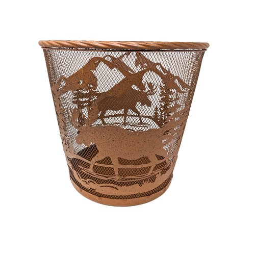 AMAJY Rustic Mountain Forest Moose Metal Wastebasket – Brown Mesh Trash Bin with Wildlife Design for Lodge, Cabin, or Nature-Themed Décor