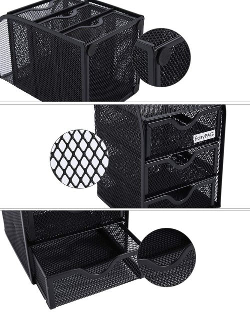 EasyPAG Mesh Desk Organizer with 3 Drawer Office Desktop Organizers and Accessories Stationery Caddy for Office, Home, Students, Black