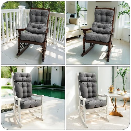 Activance Rocking Chair Cushions Indoor/Outdoor, Large Rocking Chair Pads with Ties High Density Water Resistant Non Slip Durable Back and Seat Cushion 3 Piece Set, Grey
