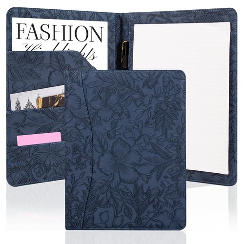 AZXCG Embossed Padfolio Portfolio PU Leather Binder,Interview Resume Folder,Business Card Holder, Organizer with A4 Legal Pads for Men Women(Blue)